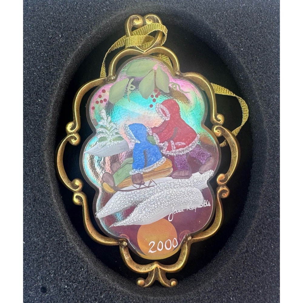 Fenton Gold Framed Hand Painted Christmas Ornament Winter Sled Scene 2000